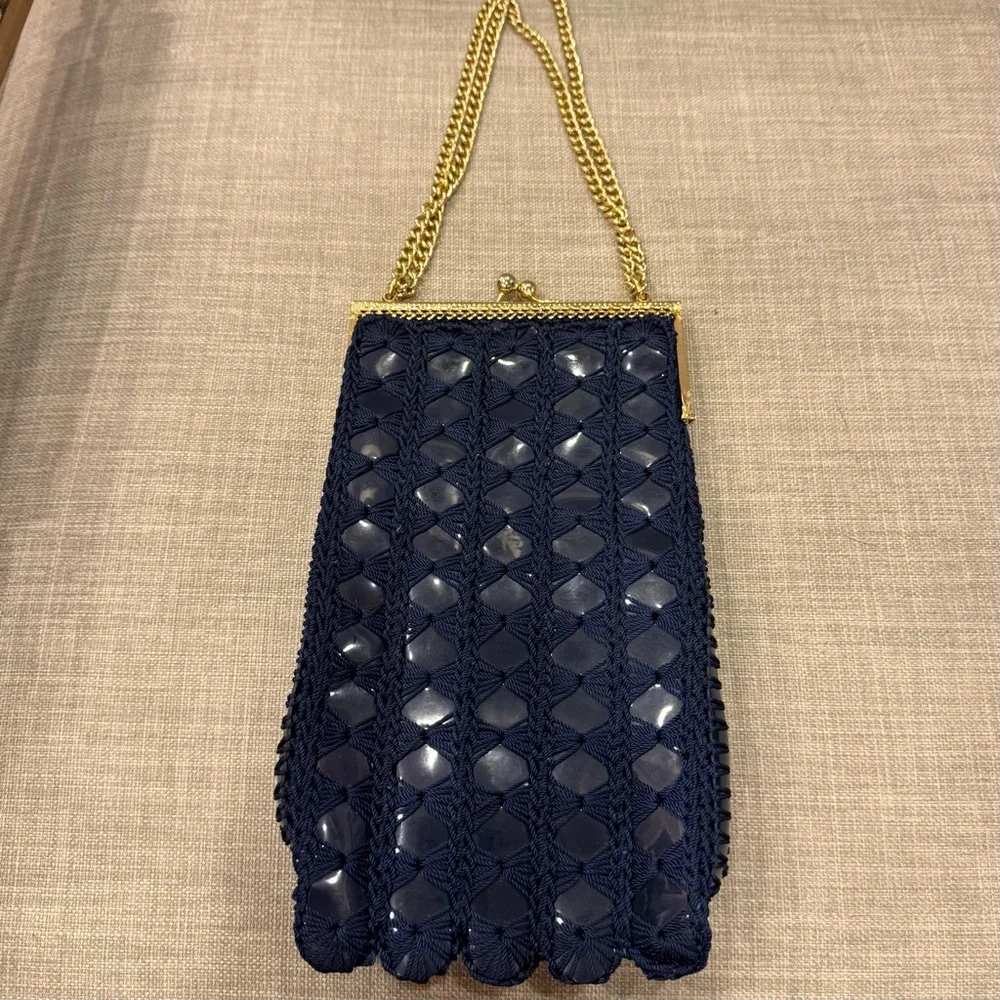 Vintage Crochet Navy Blue Gold Chain Kiss Lock Bag by Solar LTD Italy